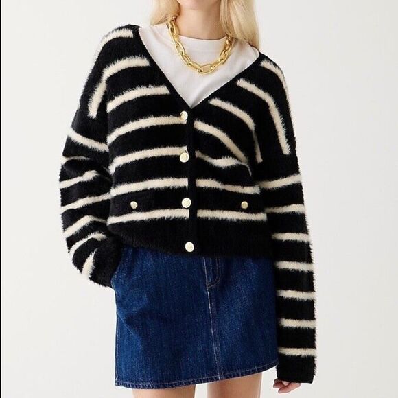 J.Crew XS Sweater Lady Jacket in Striped Brushed Yarn Black Warm Sesame - Picture 8 of 14